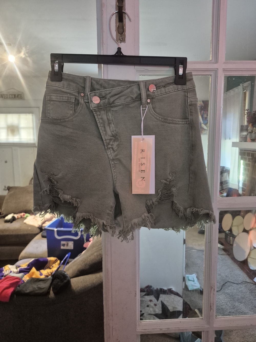 Risen Olive Green High-Rise Frayed Denim Shorts
